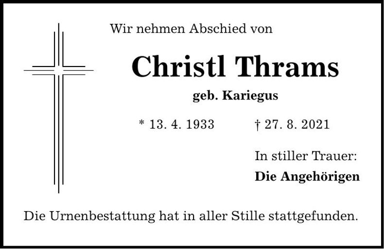 Traueranzeige Christl Thrams