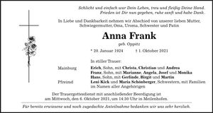 Traueranzeige Anna Frank