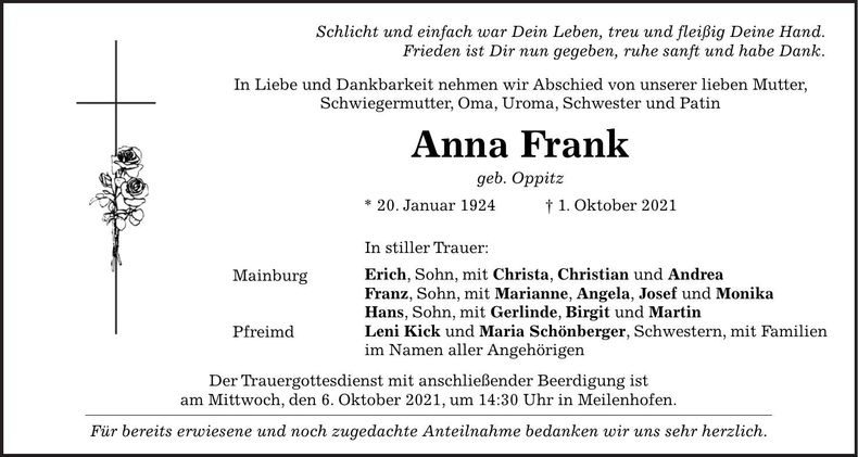 Traueranzeige Anna Frank