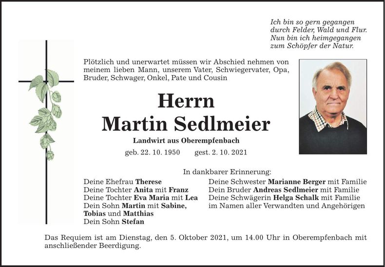 Traueranzeige Martin Sedlmeier