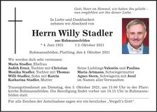 Traueranzeige Willy Stadler