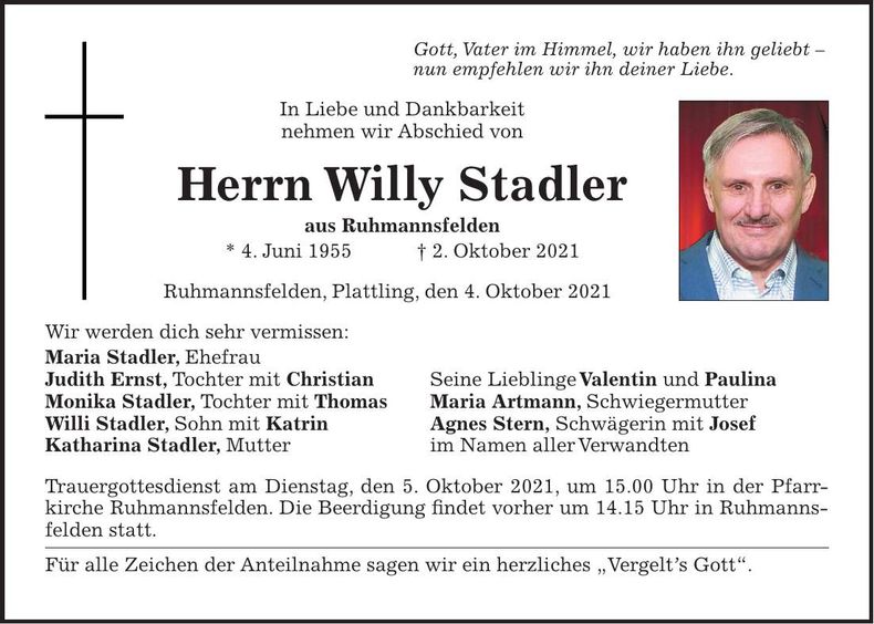 Traueranzeige Willy Stadler