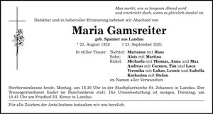 Traueranzeige Maria Gamsreiter