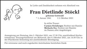 Traueranzeige Dietlinde Stöckl