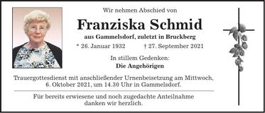 Traueranzeige Franziska Schmid