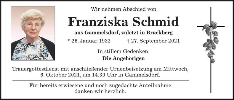 Traueranzeige Franziska Schmid