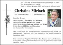 Traueranzeige Christine Mirlach