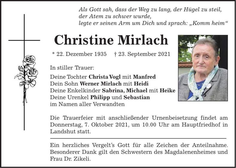 Traueranzeige Christine Mirlach