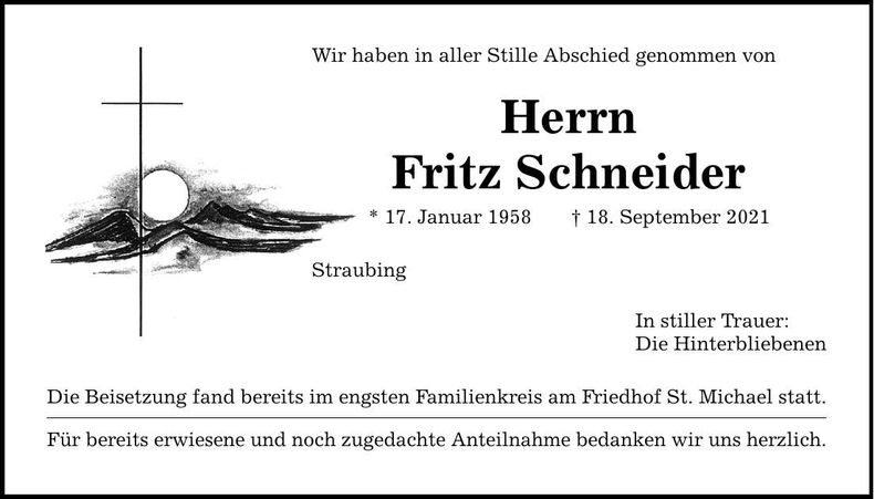 Traueranzeige Fritz Schneider