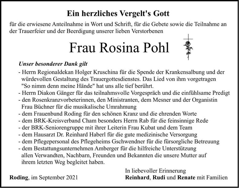 Traueranzeige Rosina Pohl