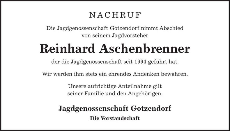 Traueranzeige Reinhard Aschenbrenner