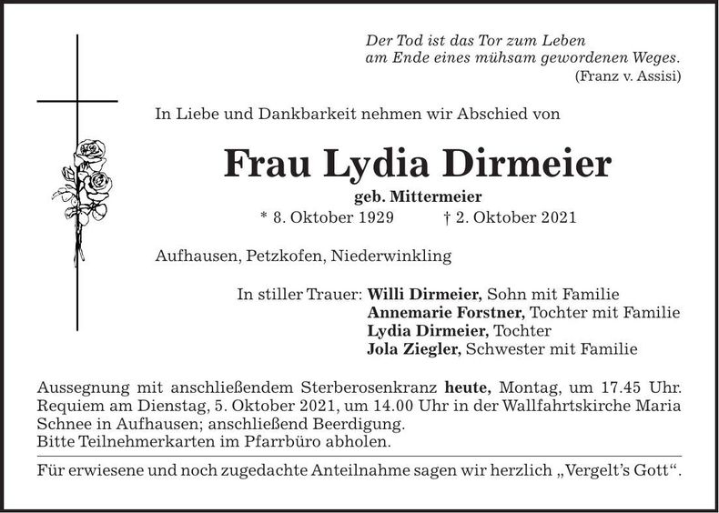 Traueranzeige Lydia Dirmeier