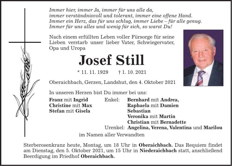 Traueranzeige Josef Still