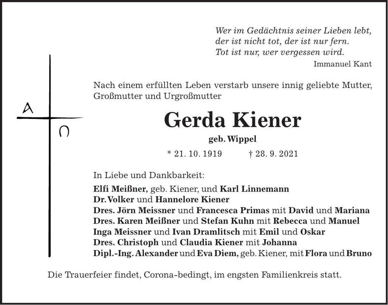 Traueranzeige Gerda Kiener