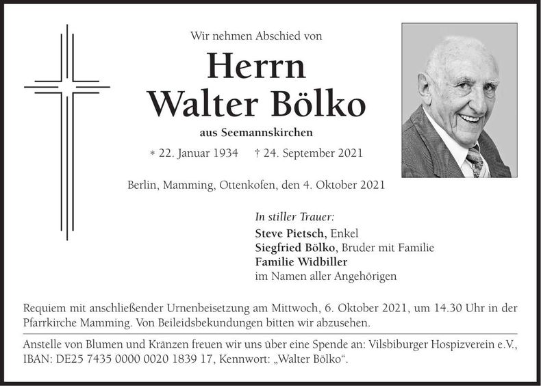 Traueranzeige Walter Bölko