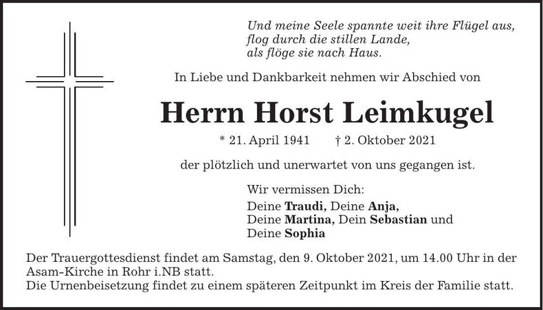 Traueranzeige Horst Leimkugel