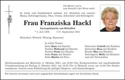 Traueranzeige Franziska Hackl
