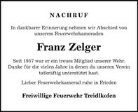 Traueranzeige Franz Zelger