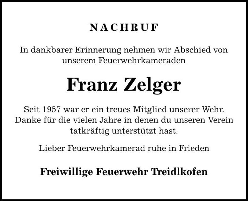 Traueranzeige Franz Zelger