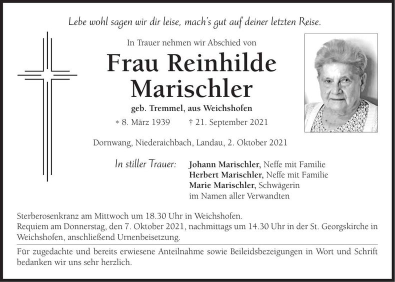 Traueranzeige Reinhilde Marischler