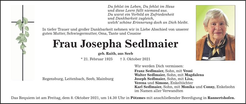 Traueranzeige Josepha Sedlmaier