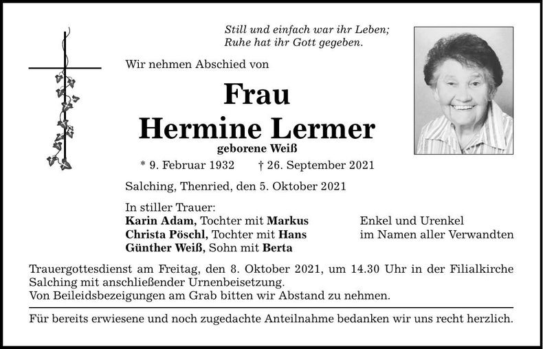 Traueranzeige Hermine Lermer