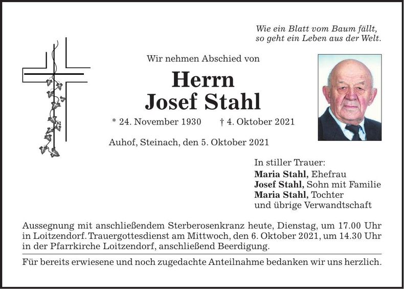 Traueranzeige Josef Stahl