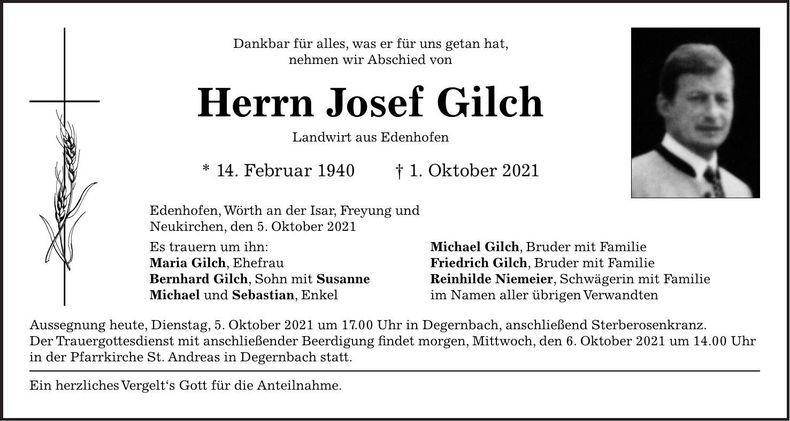 Traueranzeige Josef Gilch