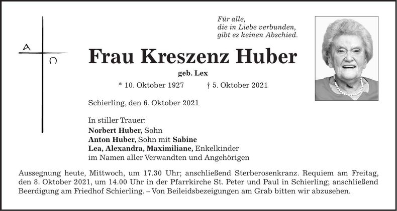 Traueranzeige Kreszenz Huber