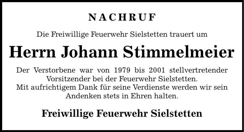 Traueranzeige Johann Stimmelmeier
