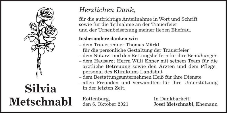 Traueranzeige Silvia Metschnabl