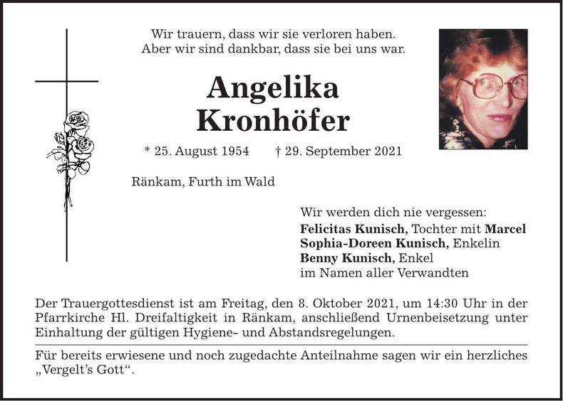 Traueranzeige Angelika Kronhöfer