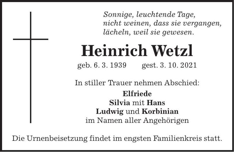Traueranzeige Heinrich Wetzl
