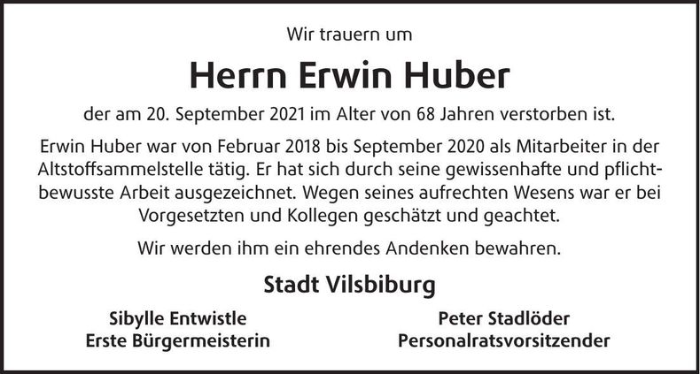 Traueranzeige Erwin Huber
