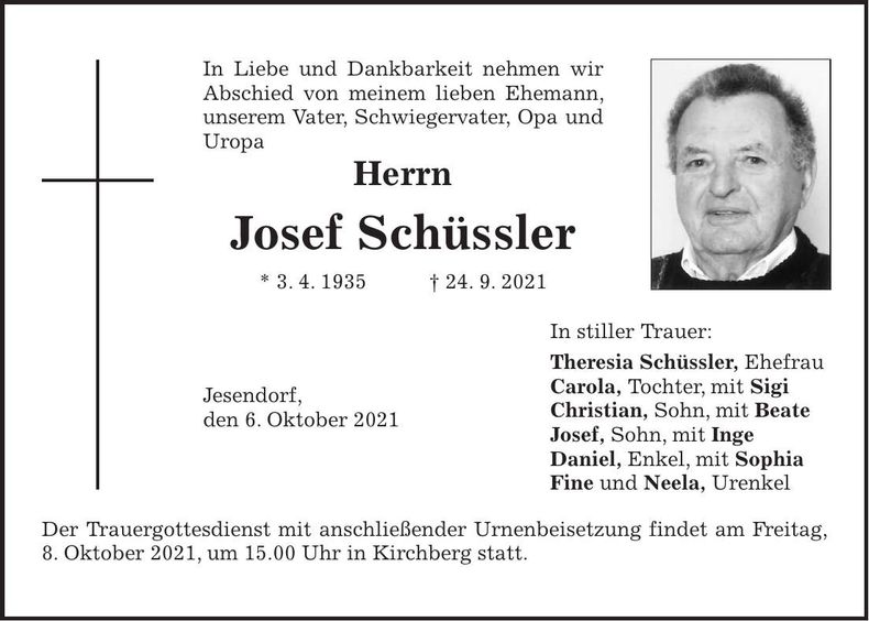 Traueranzeige Josef Schüssler