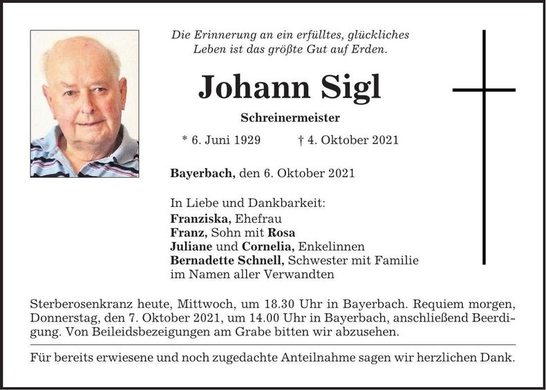Traueranzeige Johann Sigl