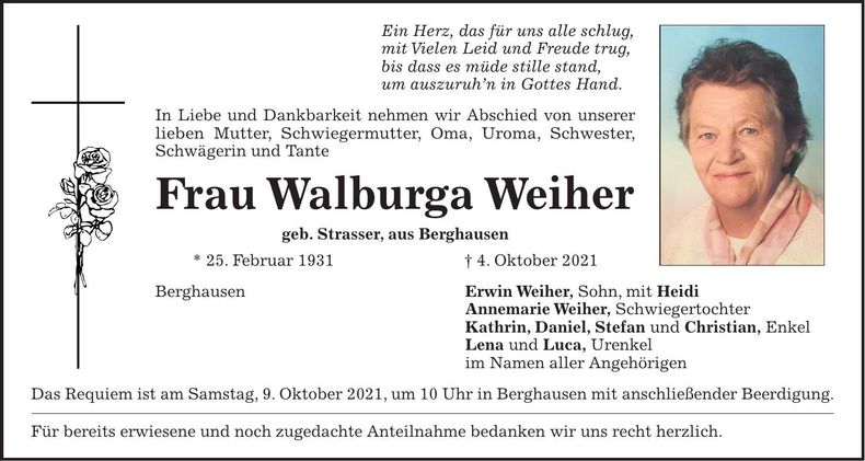 Traueranzeige Walburga Weiher