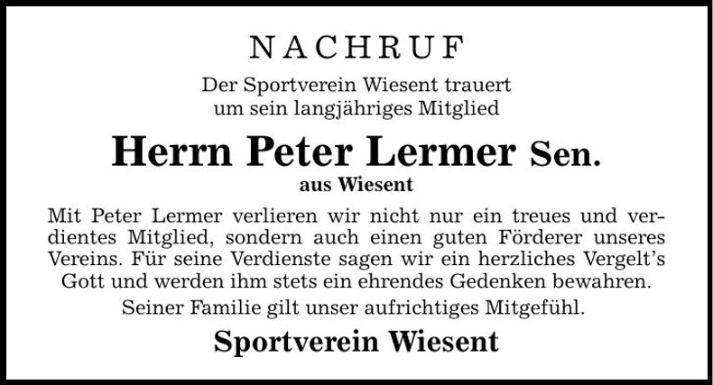 Traueranzeige Peter Lermer