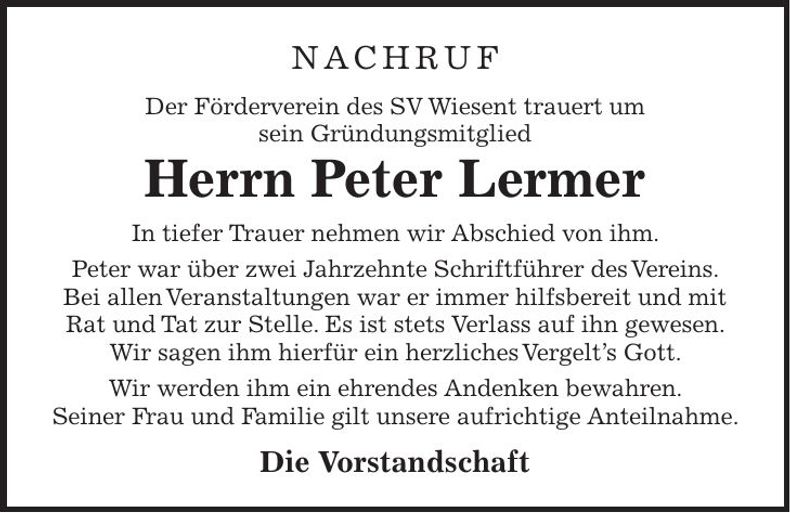 Traueranzeige Peter Lermer