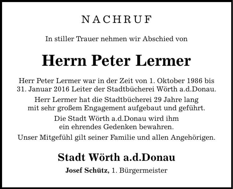 Traueranzeige Peter Lermer