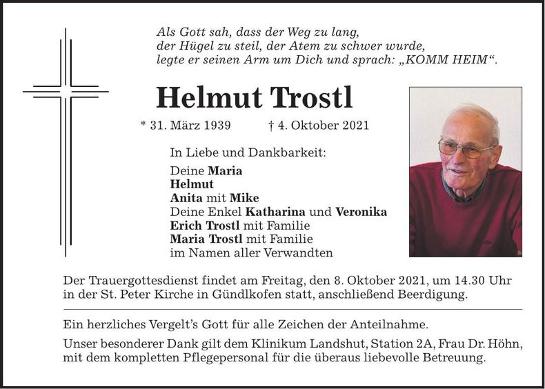 Traueranzeige Helmut Trostl