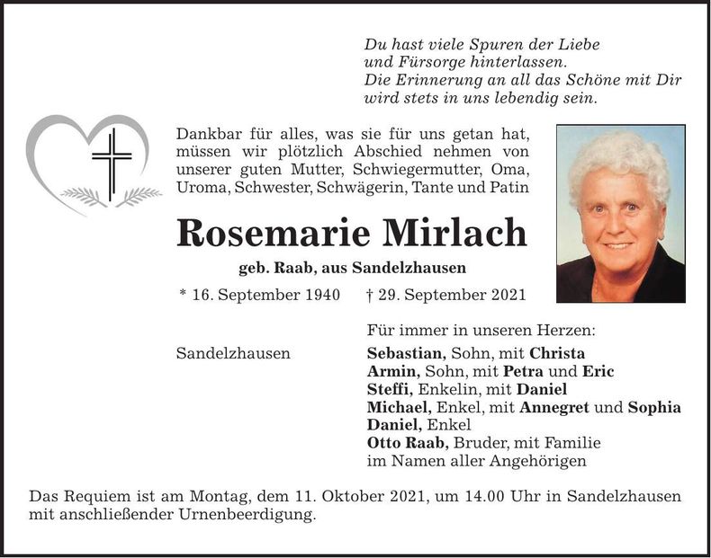 Traueranzeige Rosemarie Mirlach