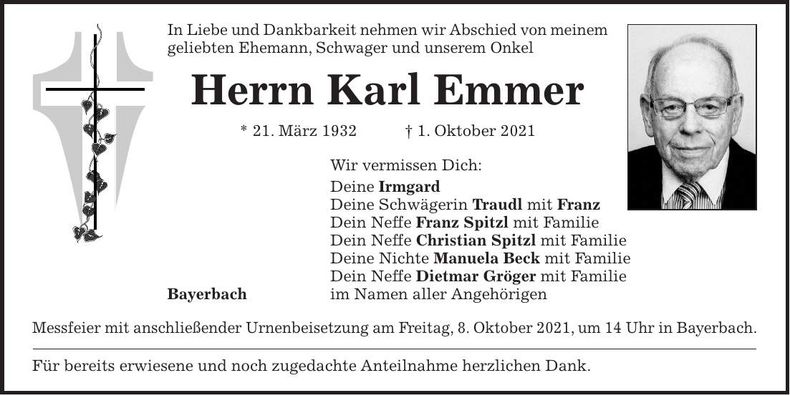Traueranzeige Karl Emmer