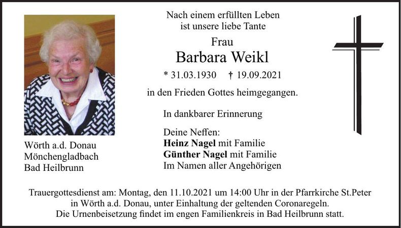 Traueranzeige Barbara Weikl