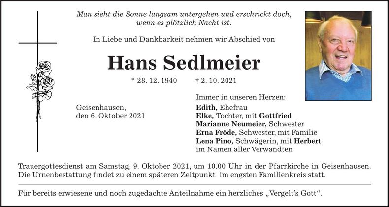 Traueranzeige Hans Sedlmeier