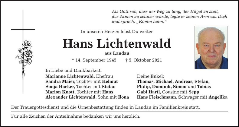 Traueranzeige Hans Lichtenwald