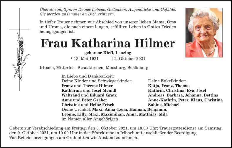 Traueranzeige Katharina Hilmer