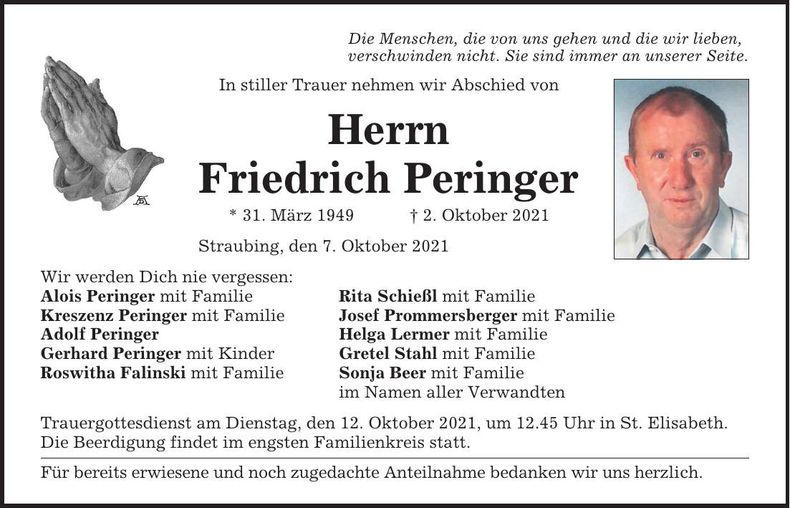 Traueranzeige Friedrich Peringer