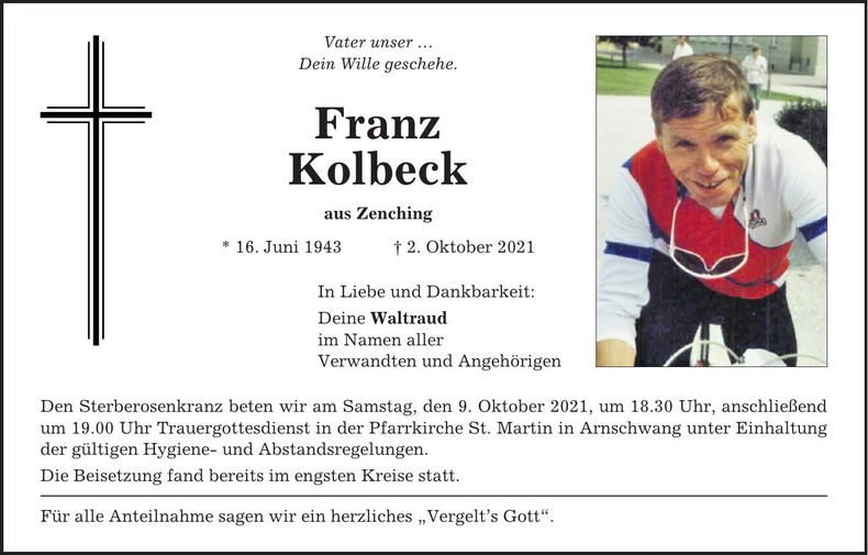 Traueranzeige Franz Kolbeck