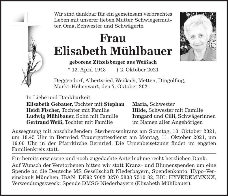 Traueranzeige Elisabeth Mühlbauer